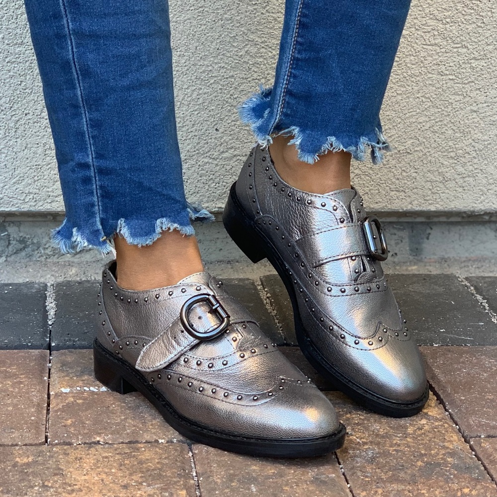 Charcoal Metallic Silver Studded Monk Strap Loafer - Picture 2 of 7